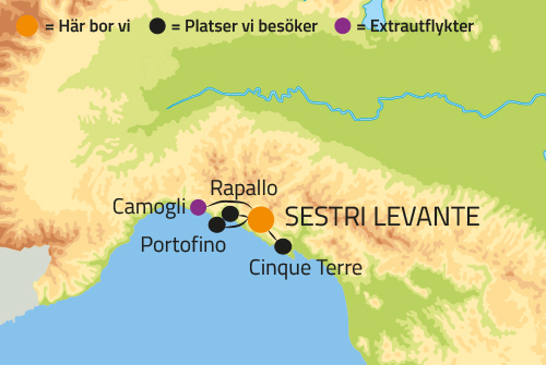Geografisk karta ver Cinque Terre i Ligurien, Italien.